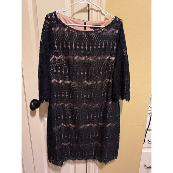 Jessica Howard Illusion Sleeve Crochet Lace Black Shift Lined Dress Sz 14 - Picture 2 of 11